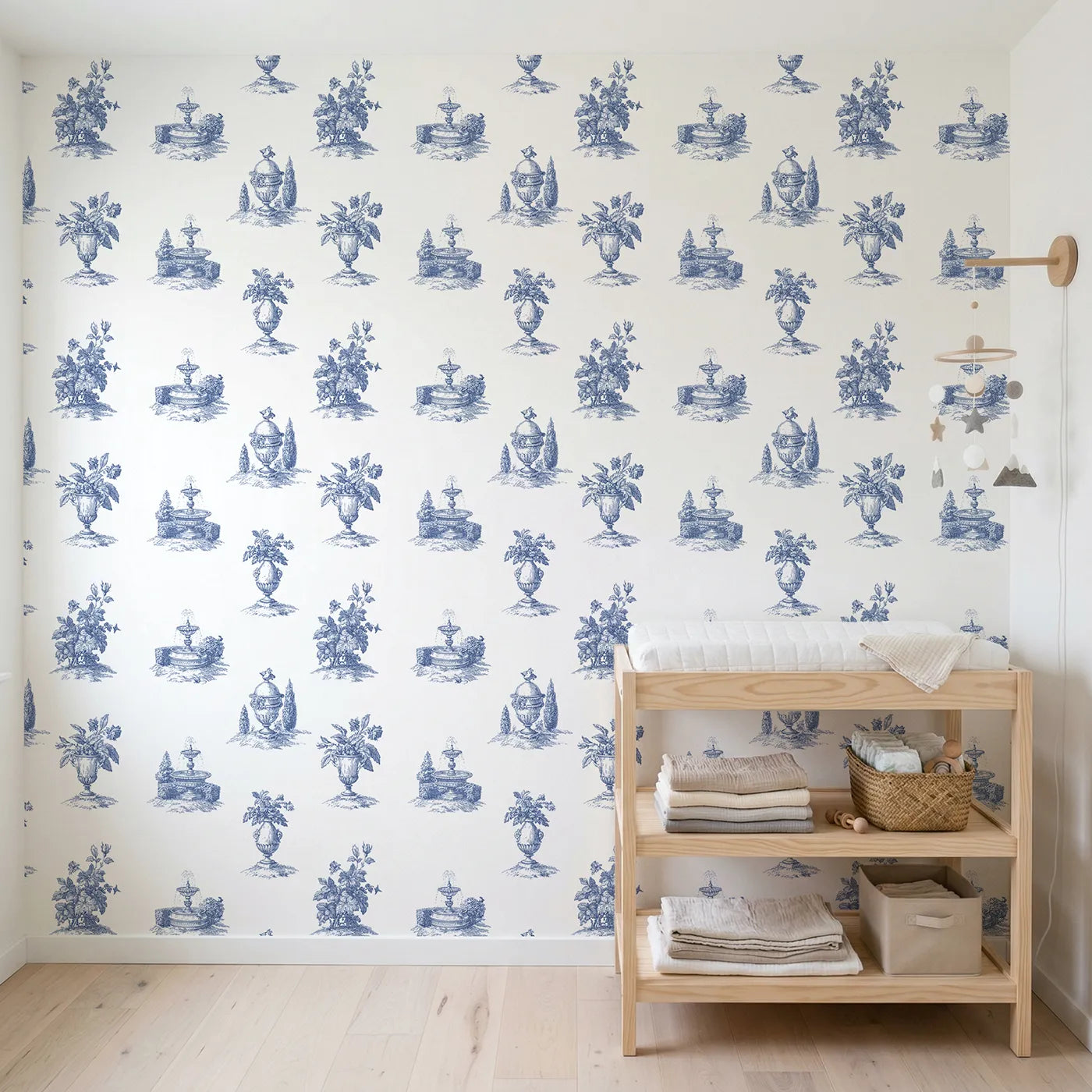Fountain Toile Scene wallpaper in a styled nursery - Whimsy Tots