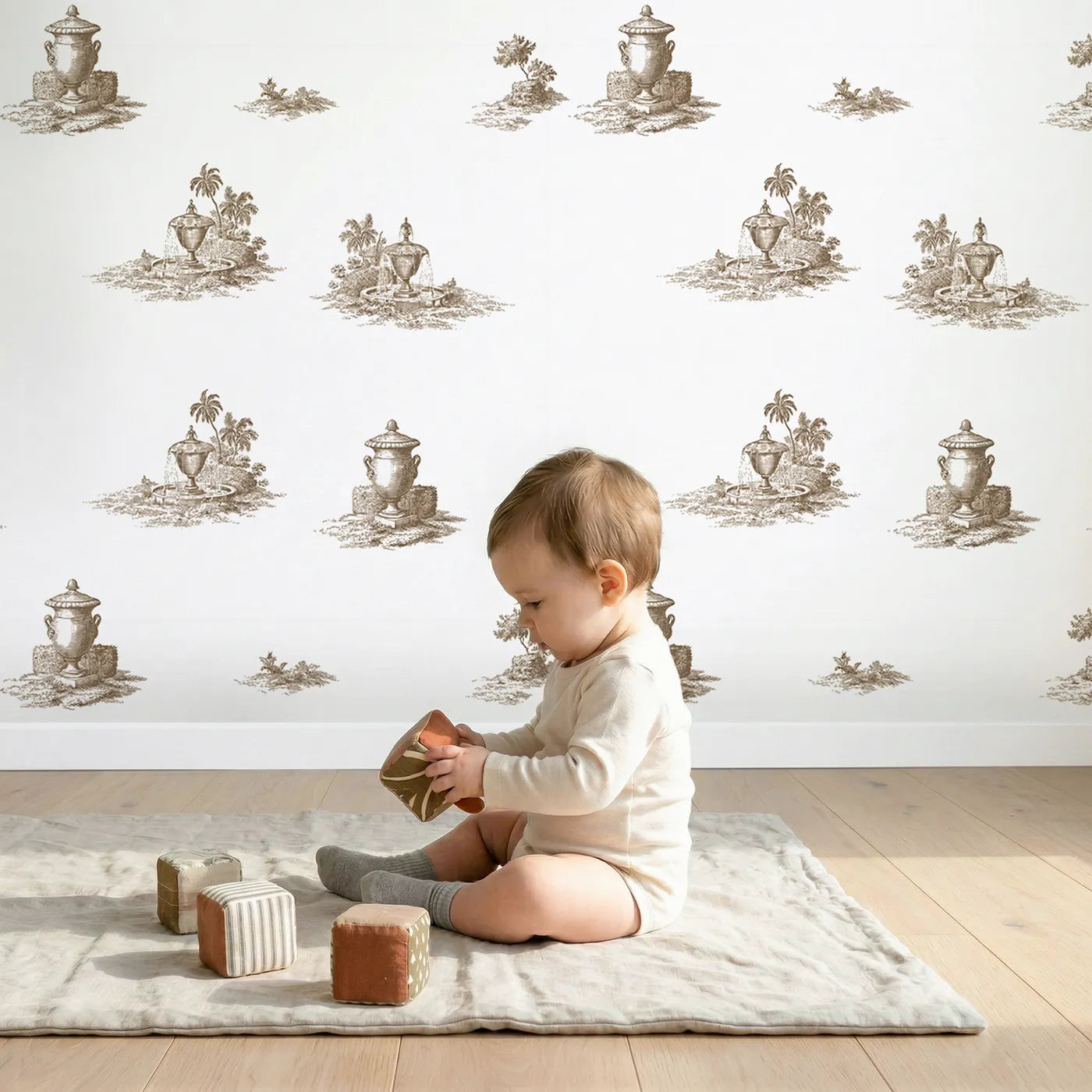 Fountain Toile Garden in Brown wallpaper in a cozy kids room - Whimsy Tots