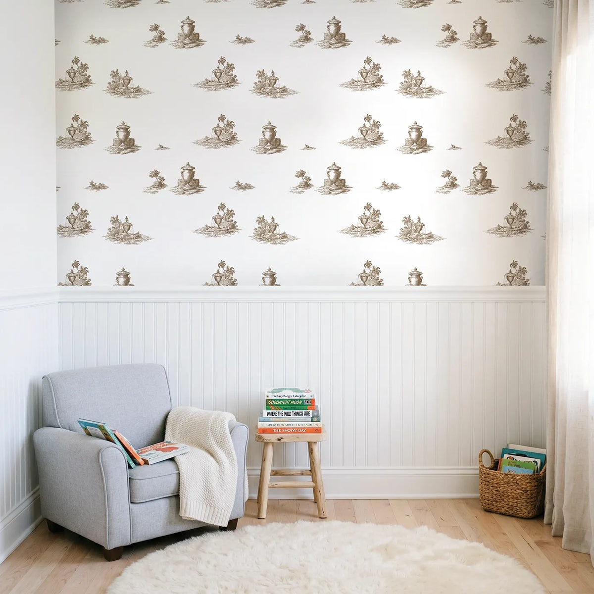Fountain Toile Garden in Brown wallpaper above wainscoting - Whimsy Tots