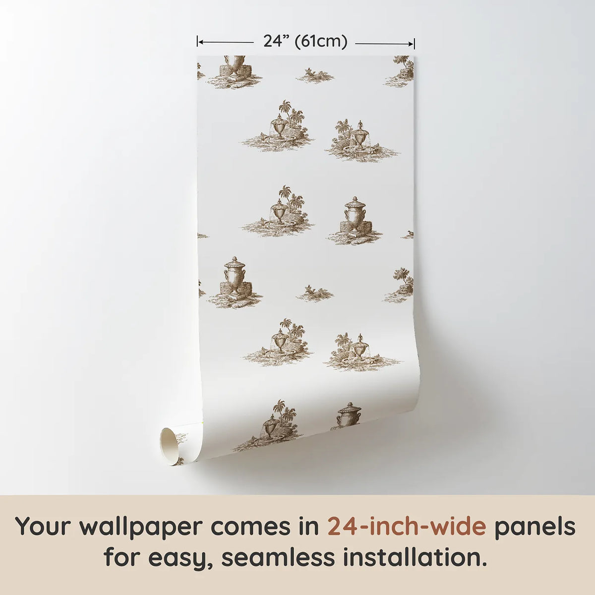 Fountain Toile Garden in Brown wallpaper panel dimensions - Whimsy Tots