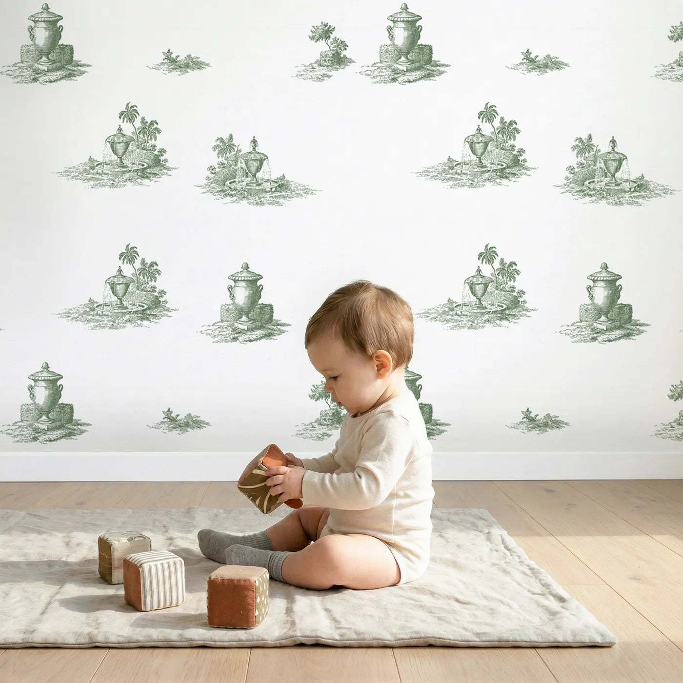 Fountain Toile Garden in Green wallpaper in a cozy kids room - Whimsy Tots
