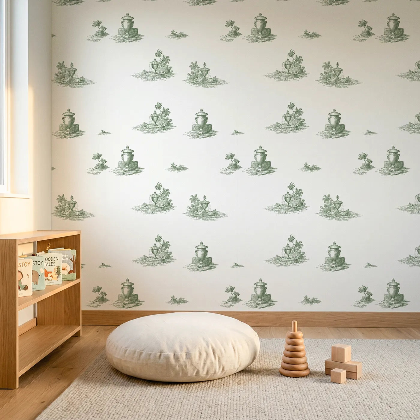 Fountain Toile Garden in Green wallpaper in a styled nursery - Whimsy Tots