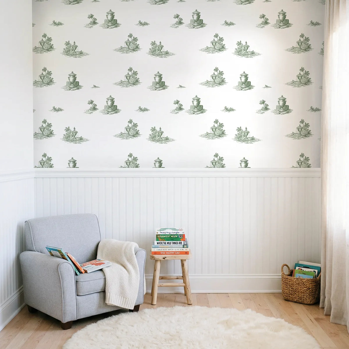 Fountain Toile Garden in Green wallpaper above wainscoting - Whimsy Tots
