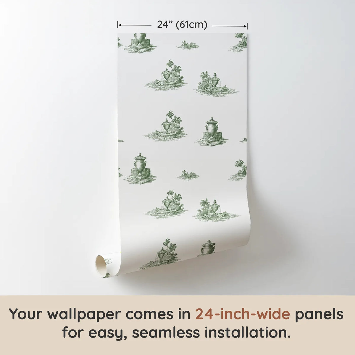 Fountain Toile Garden in Green wallpaper panel dimensions - Whimsy Tots