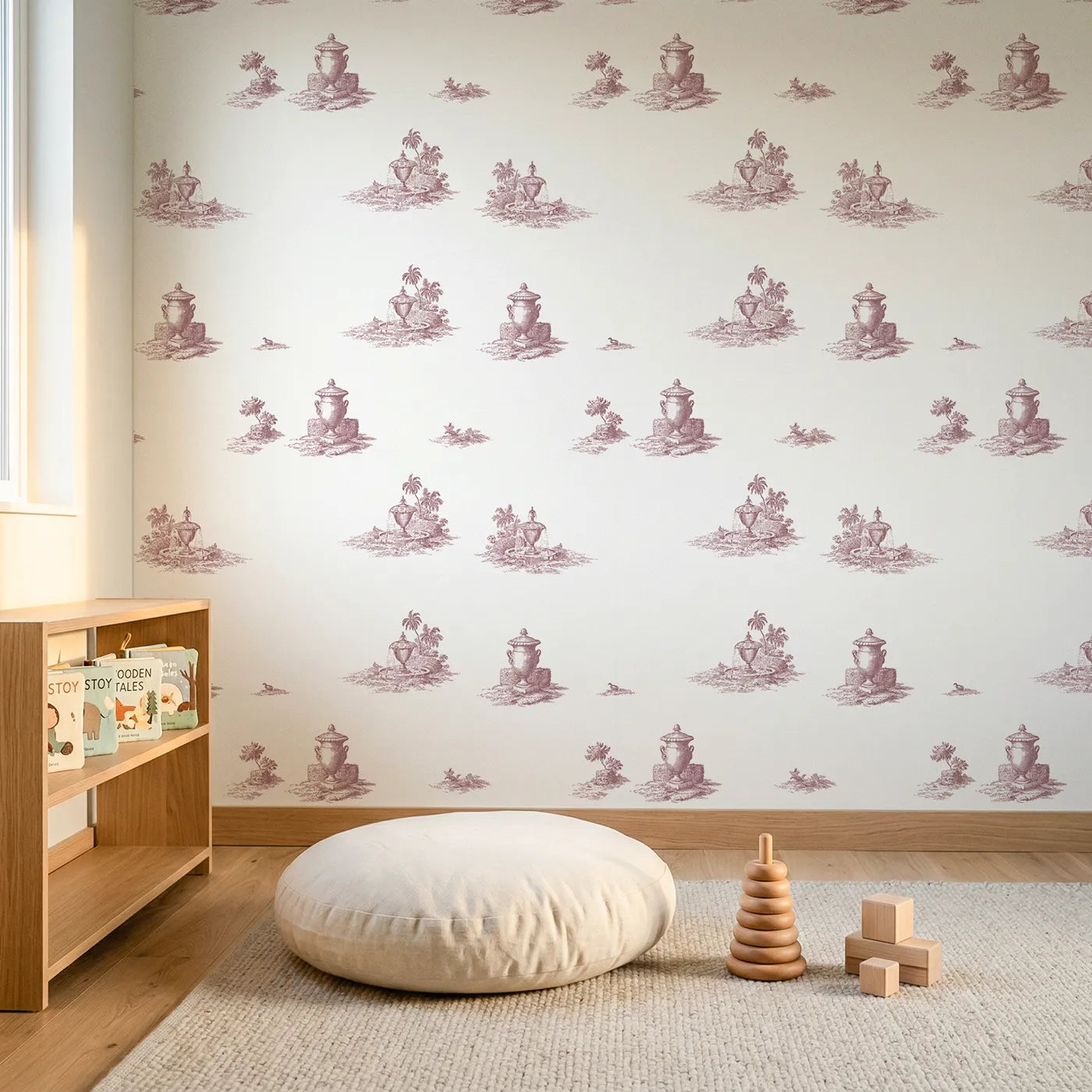 Fountain Toile Garden in Pink wallpaper in a styled nursery - Whimsy Tots
