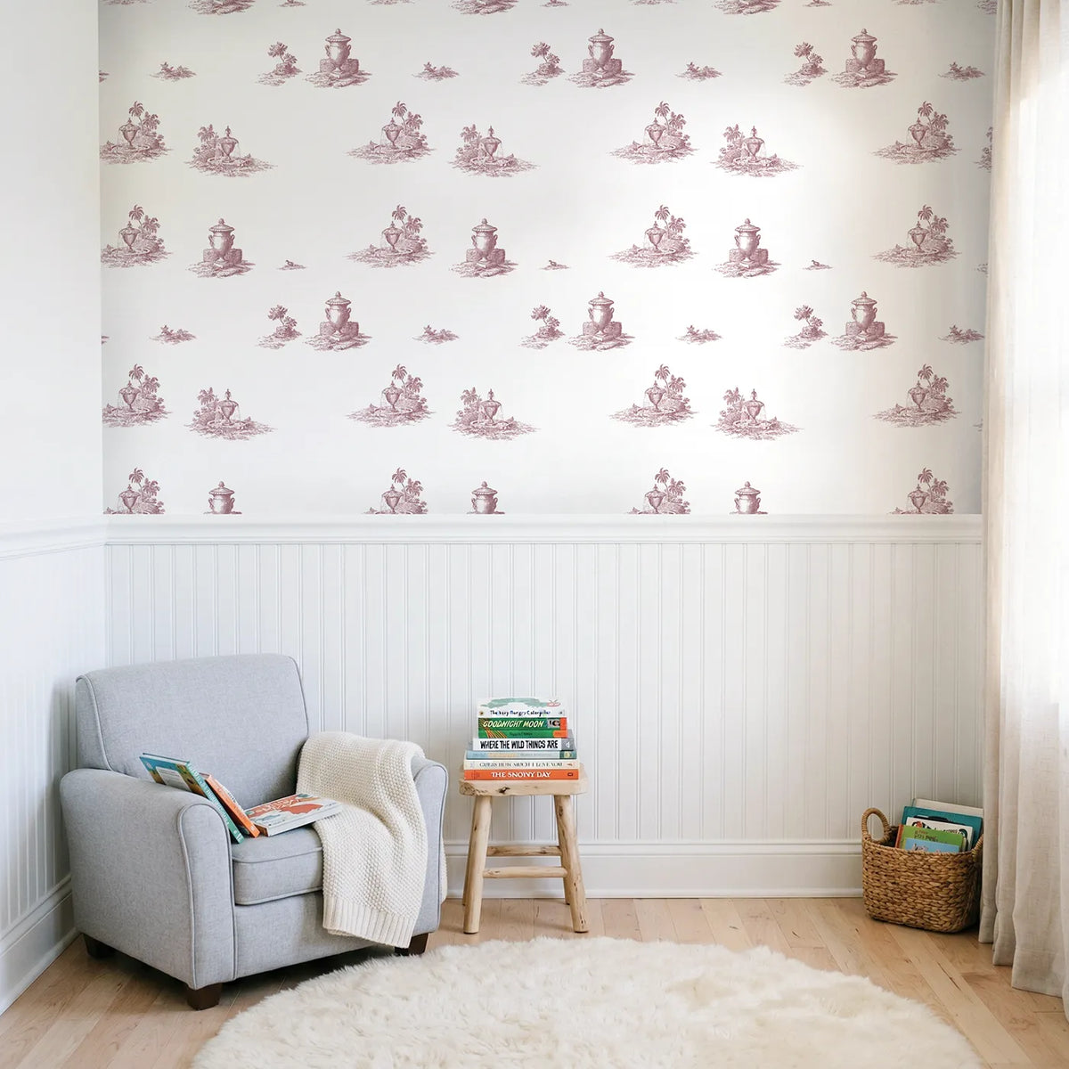Fountain Toile Garden in Pink wallpaper above wainscoting - Whimsy Tots