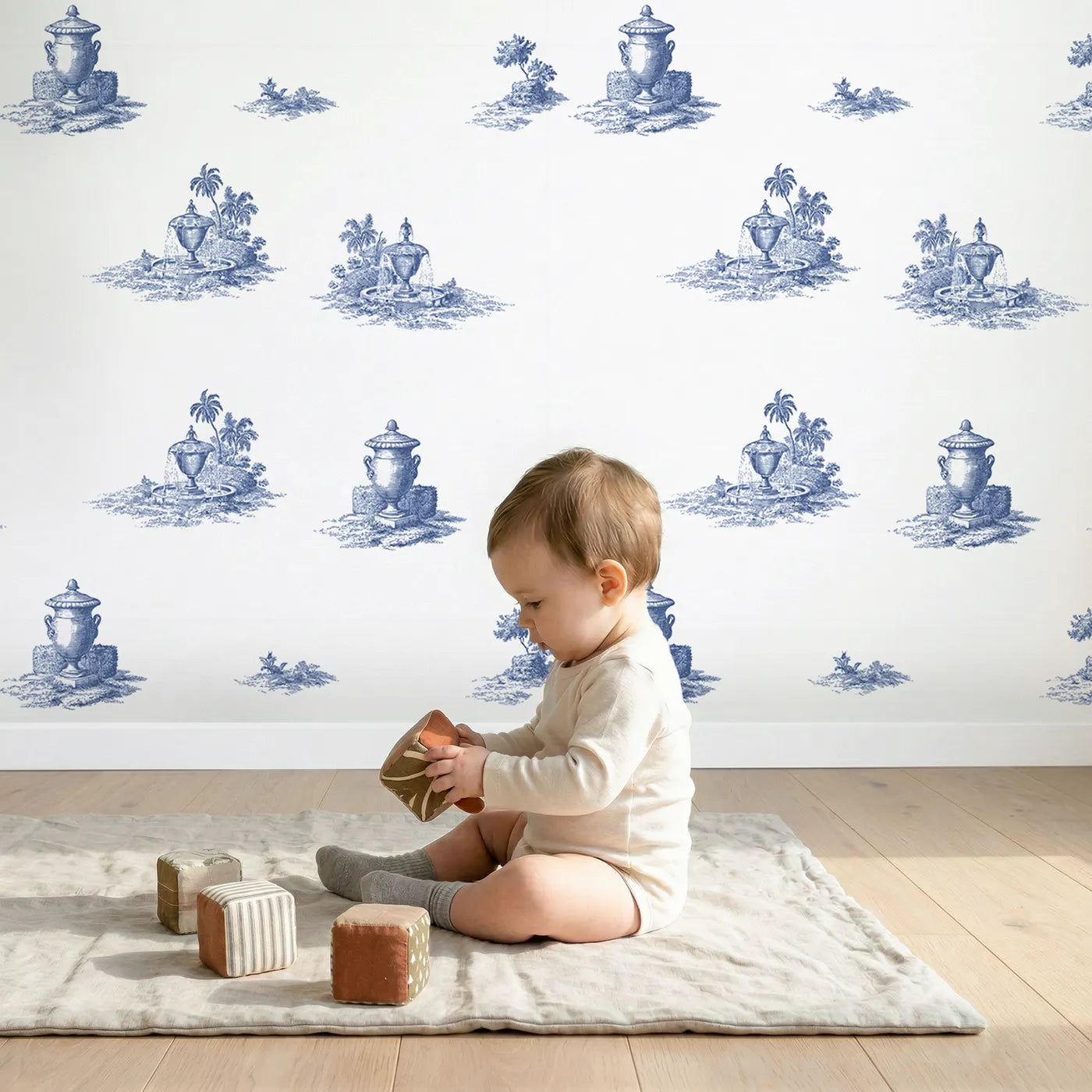 Fountain Toile Garden wallpaper in a cozy kids room - Whimsy Tots