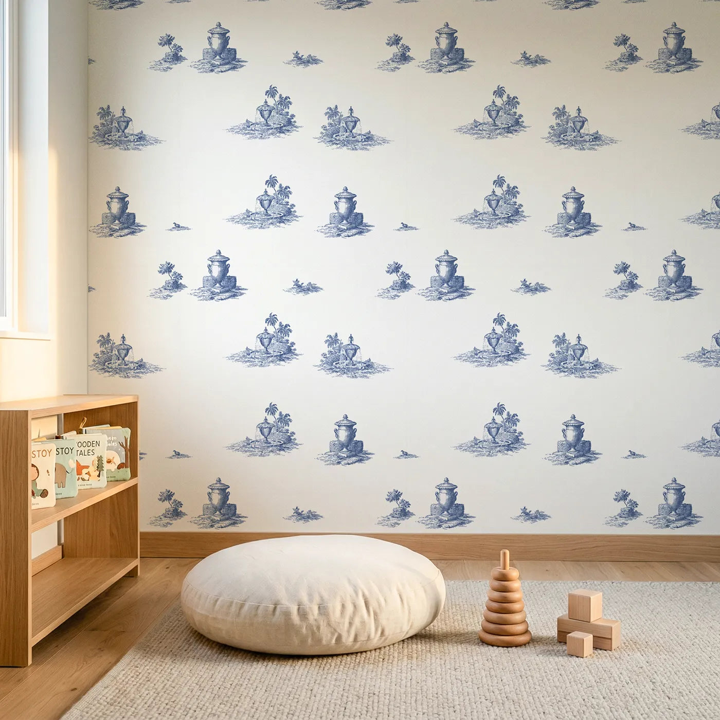 Fountain Toile Garden wallpaper in a styled nursery - Whimsy Tots
