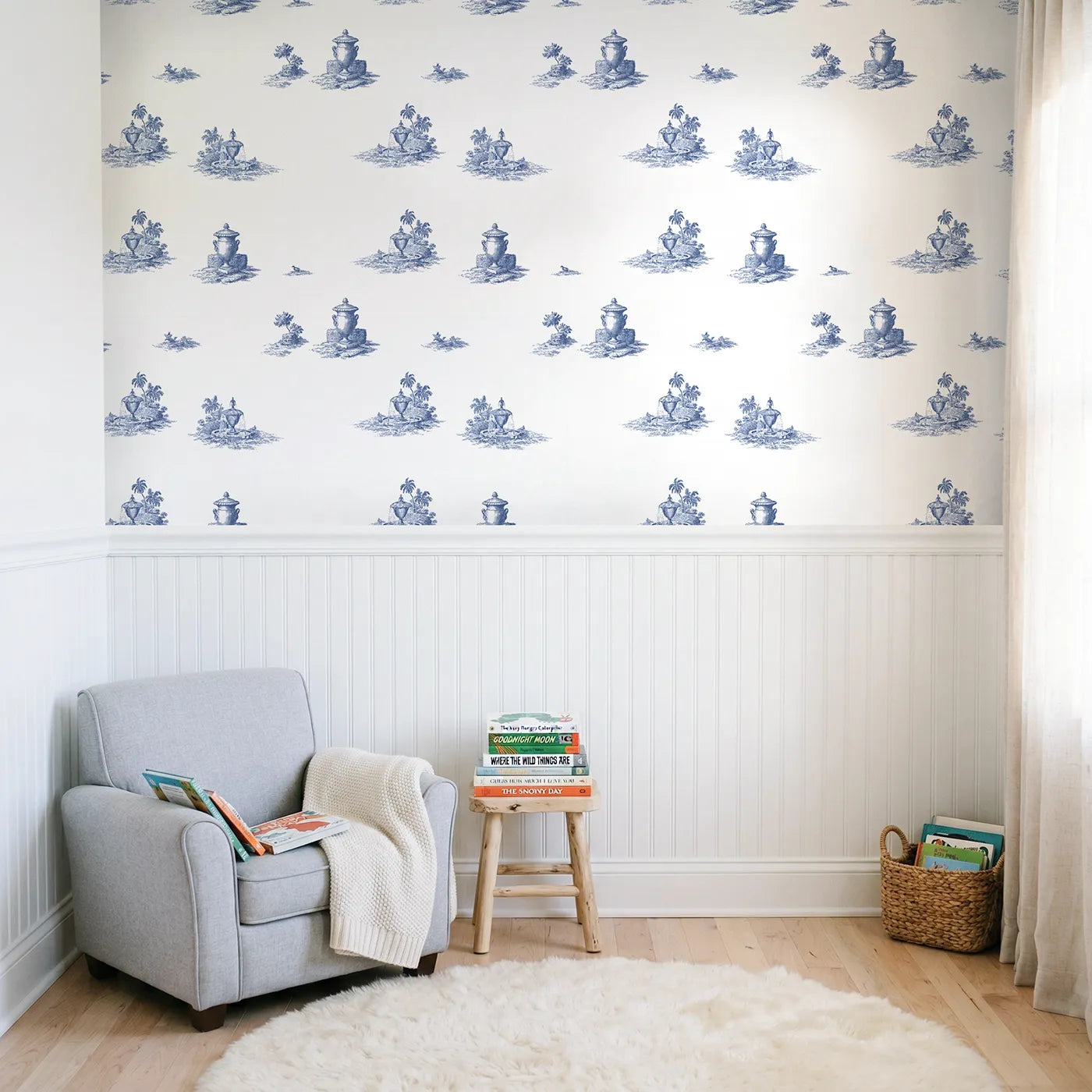 Fountain Toile Garden wallpaper above wainscoting - Whimsy Tots