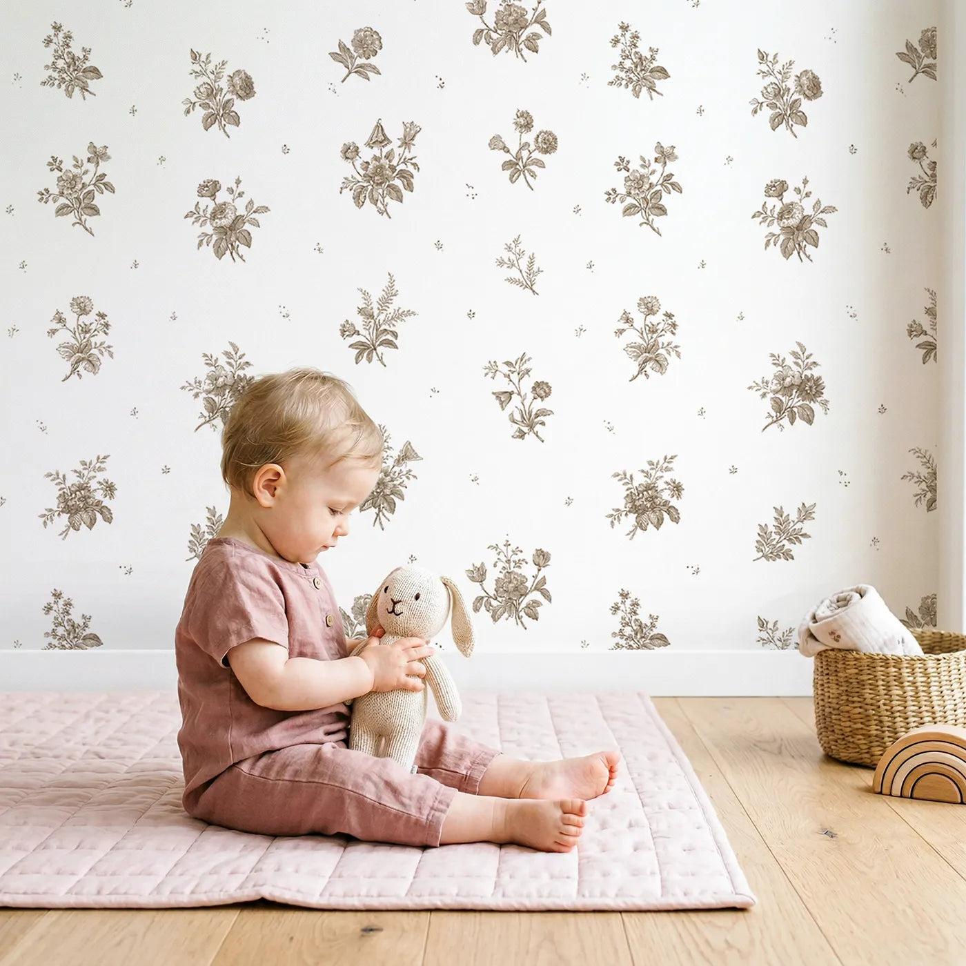 Floral Sprig Toile Toss in Brown wallpaper in a cozy kids room - Whimsy Tots