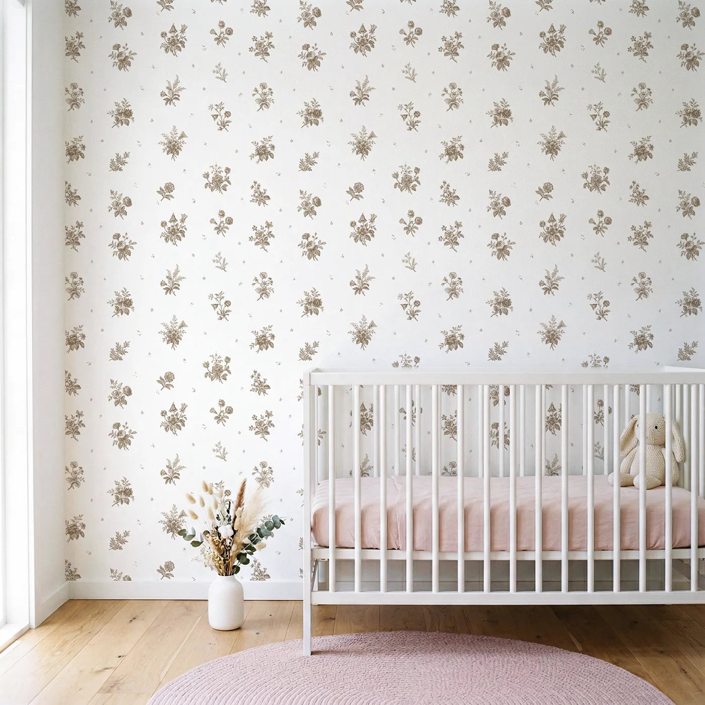 Floral Sprig Toile Toss in Brown wallpaper in a styled nursery - Whimsy Tots