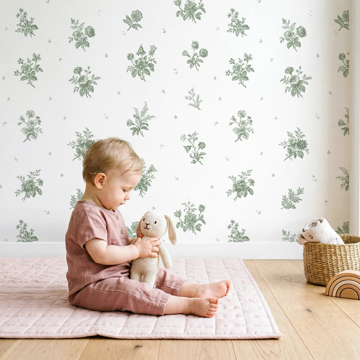 Floral Sprig Toile Toss in Green wallpaper in a cozy kids room - Whimsy Tots