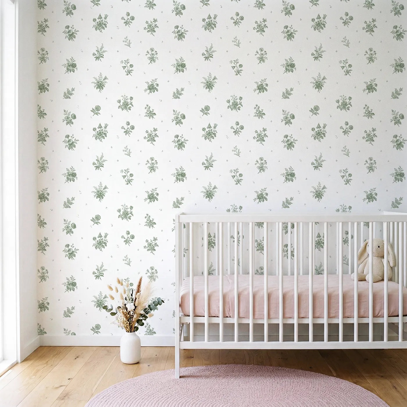 Floral Sprig Toile Toss in Green wallpaper in a styled nursery - Whimsy Tots