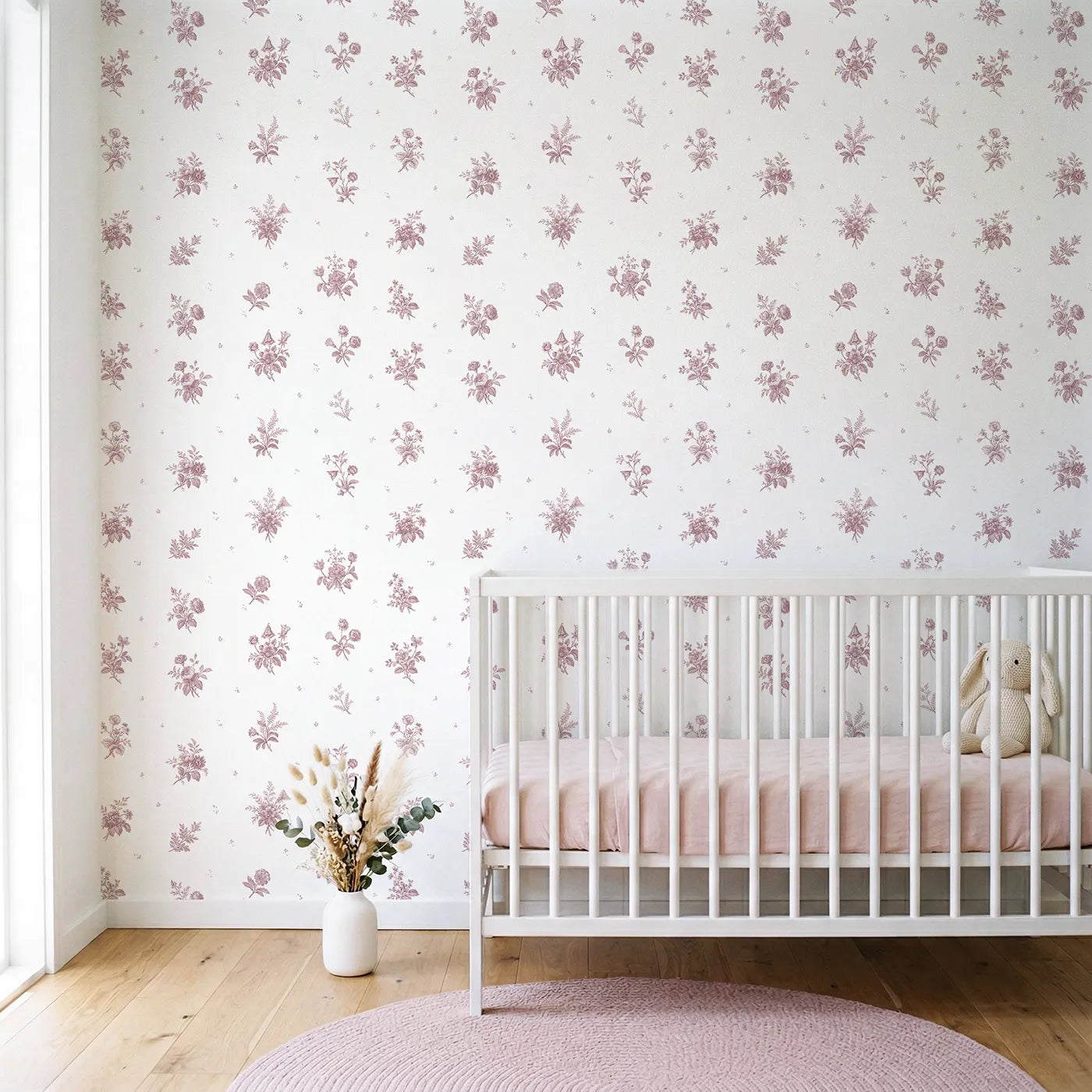 Floral Sprig Toile Toss in Pink wallpaper in a styled nursery - Whimsy Tots