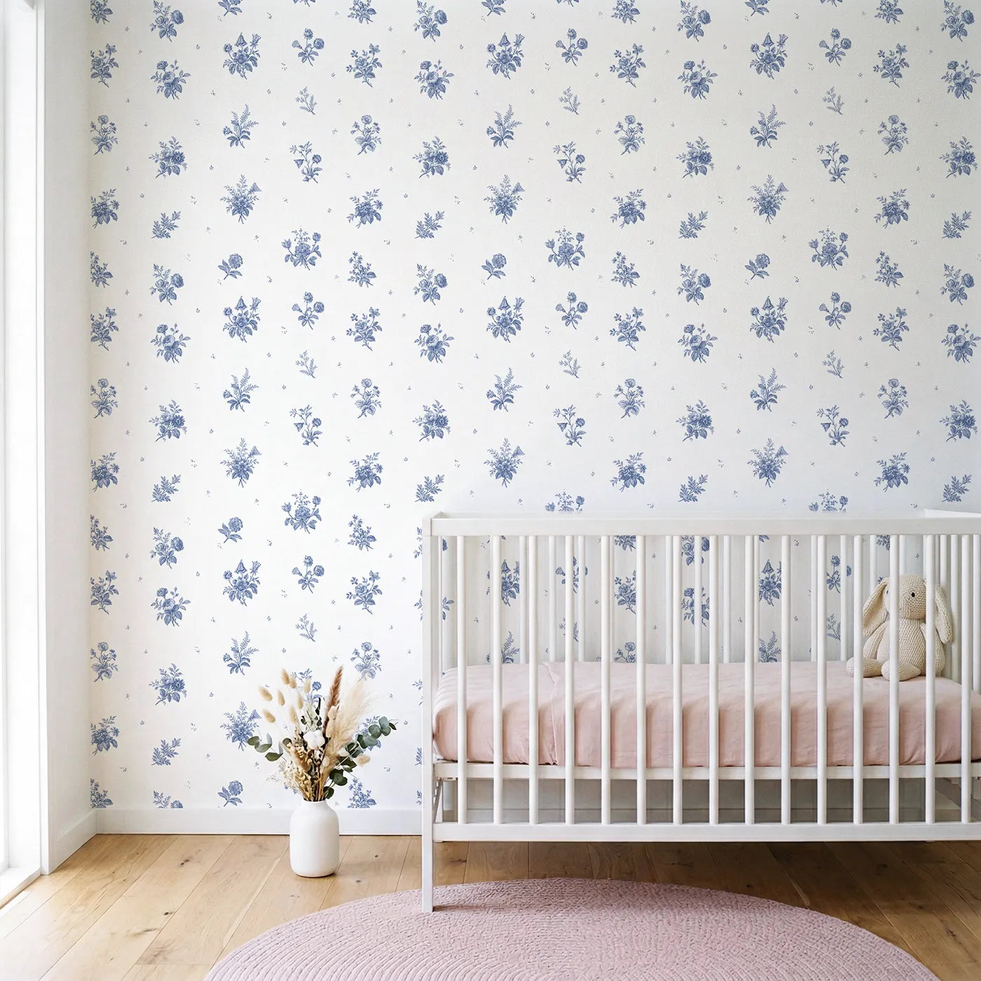 Floral Sprig Toile Toss wallpaper in a styled nursery - Whimsy Tots
