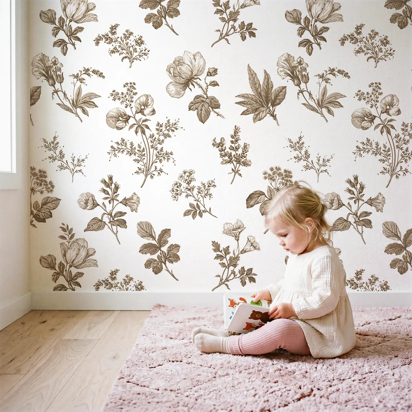 Floral Sprig Toile Rows in Brown wallpaper in a cozy kids room - Whimsy Tots
