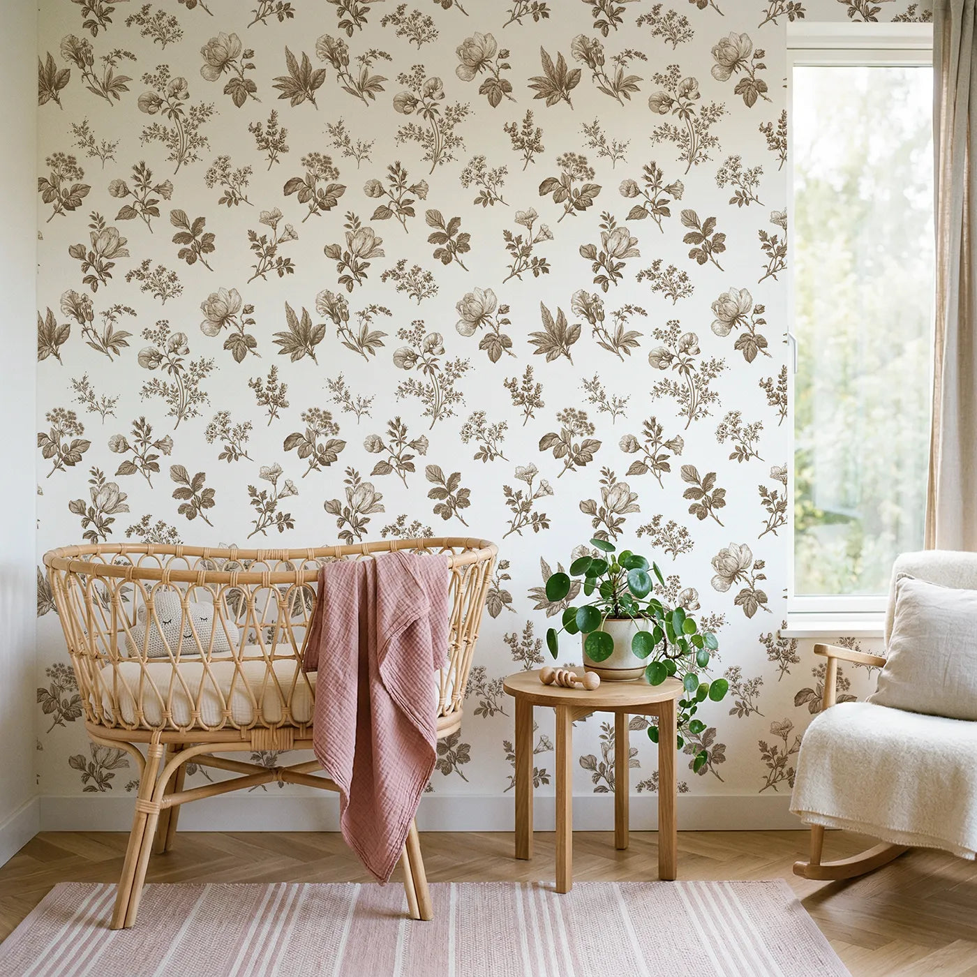 Floral Sprig Toile Rows in Brown wallpaper in a styled nursery - Whimsy Tots