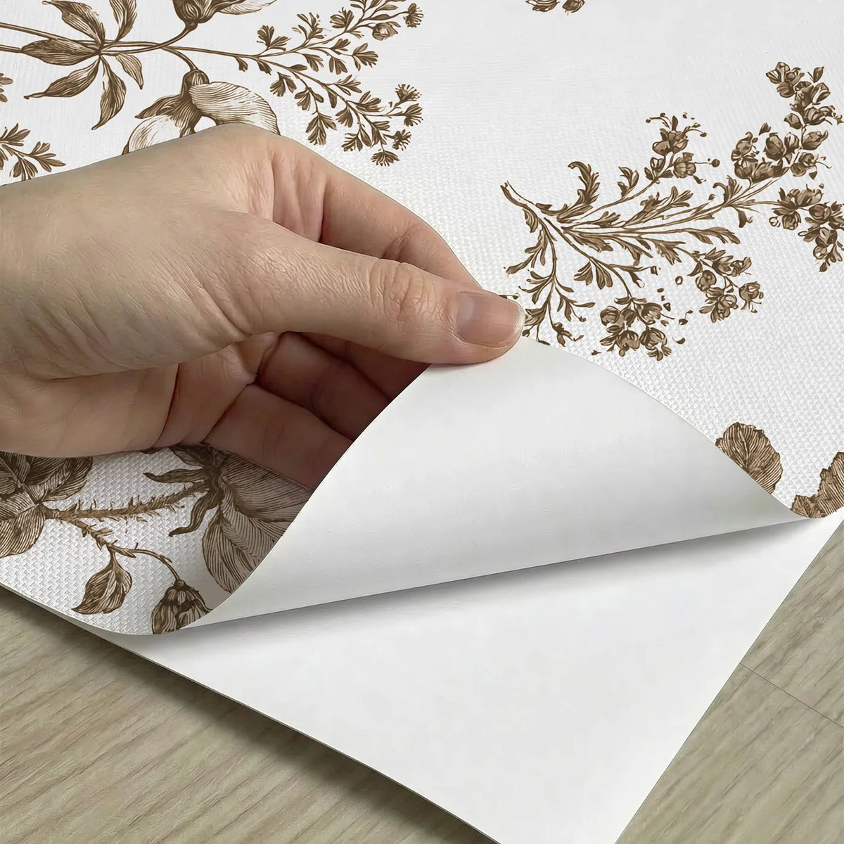Floral Sprig Toile Rows in Brown peel and stick material close-up - Whimsy Tots