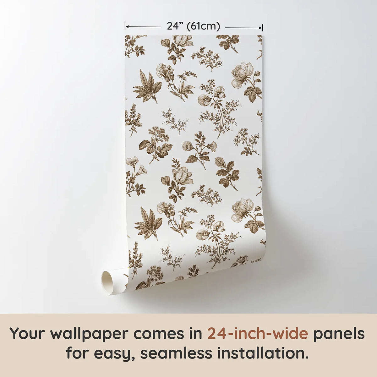 Floral Sprig Toile Rows in Brown wallpaper panel dimensions - Whimsy Tots
