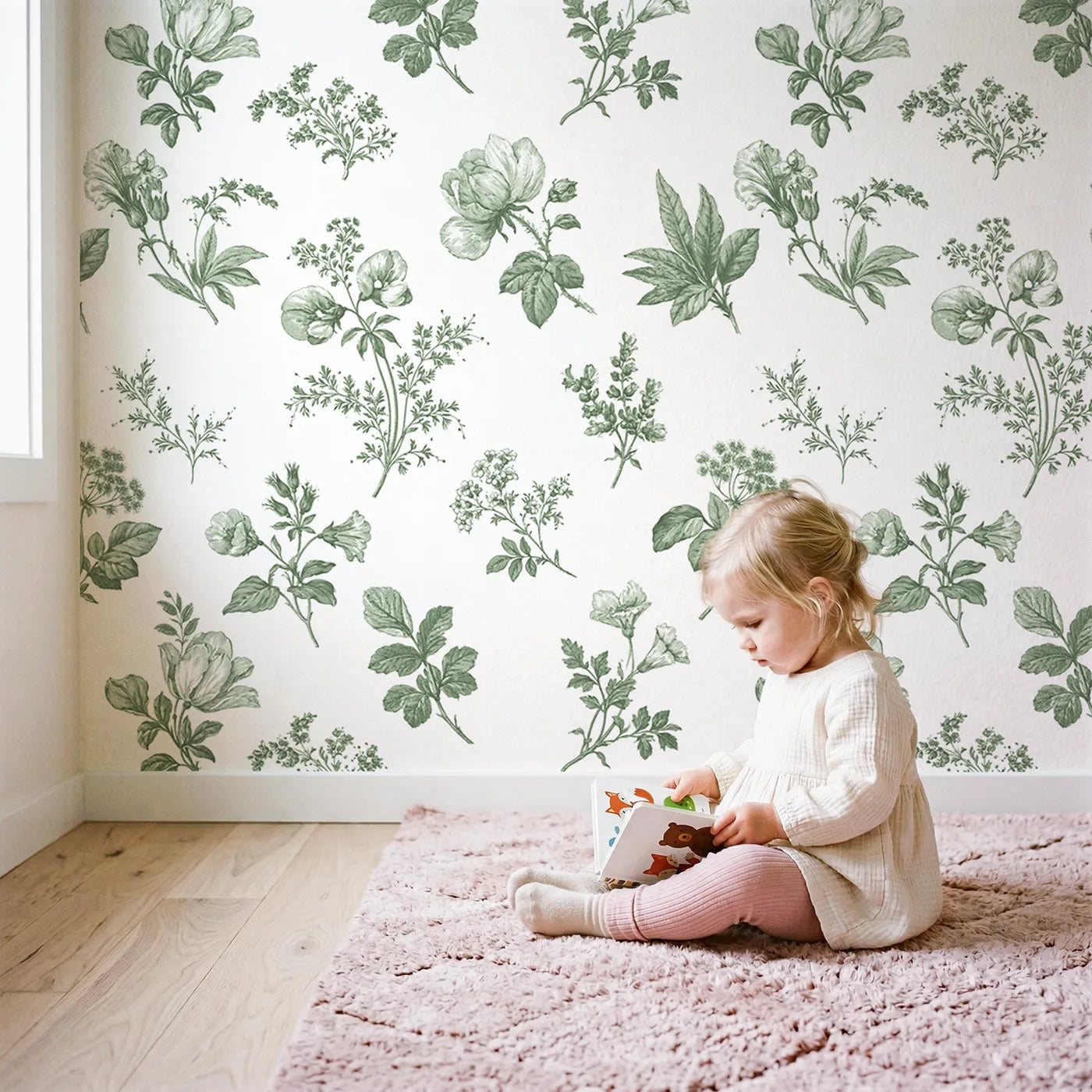 Floral Sprig Toile Rows in Green wallpaper in a cozy kids room - Whimsy Tots