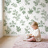 Floral Sprig Toile Rows in Green wallpaper in a cozy kids room - Whimsy Tots