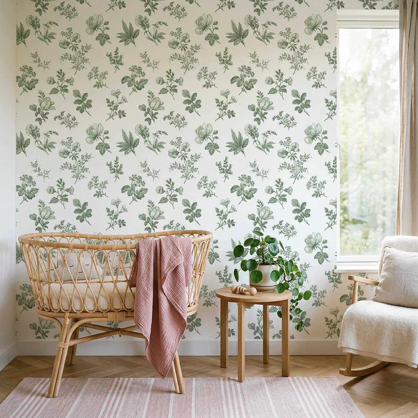 Floral Sprig Toile Rows in Green wallpaper in a styled nursery - Whimsy Tots
