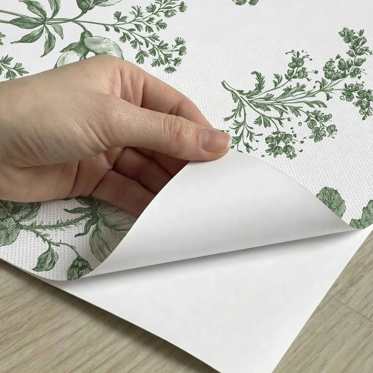 Floral Sprig Toile Rows in Green peel and stick material close-up - Whimsy Tots