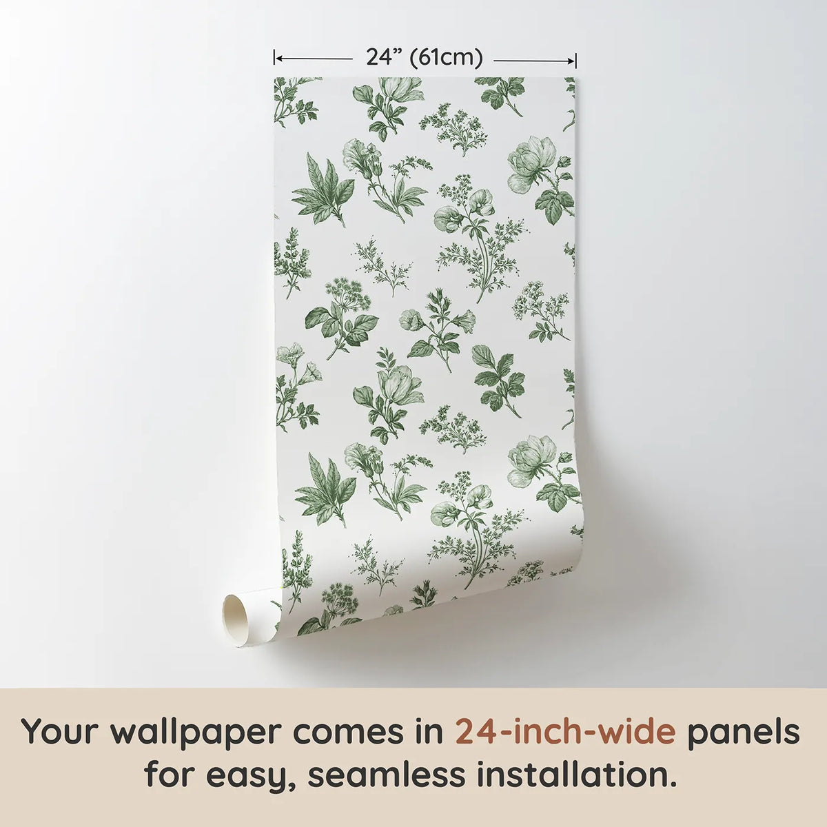 Floral Sprig Toile Rows in Green wallpaper panel dimensions - Whimsy Tots