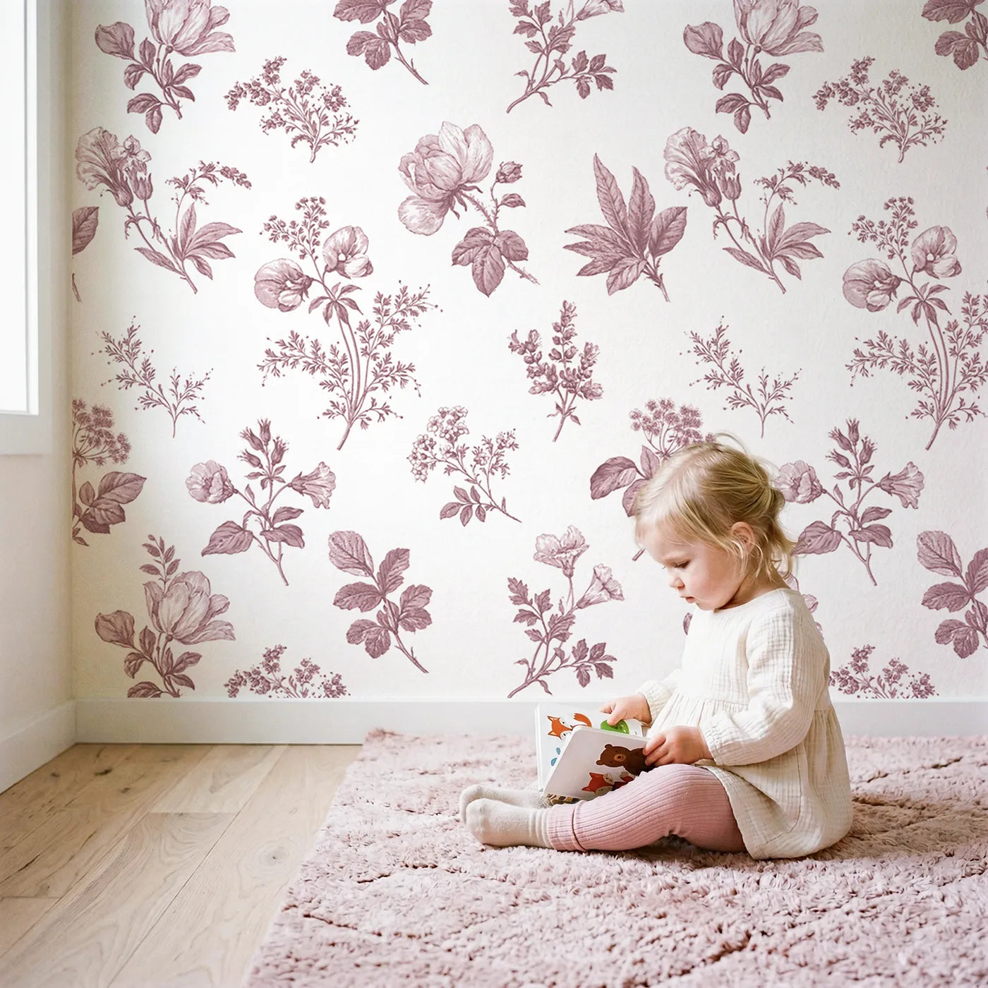 Floral Sprig Toile Rows in Pink wallpaper in a cozy kids room - Whimsy Tots