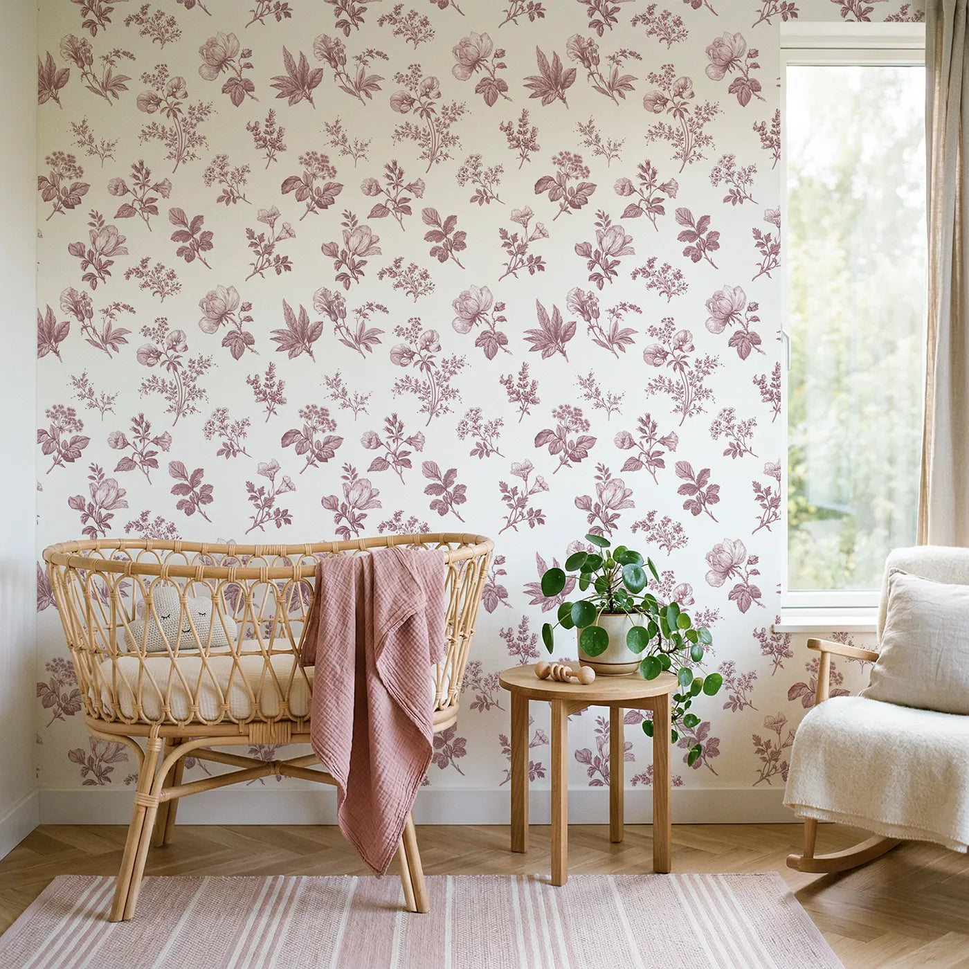 Floral Sprig Toile Rows in Pink wallpaper in a styled nursery - Whimsy Tots