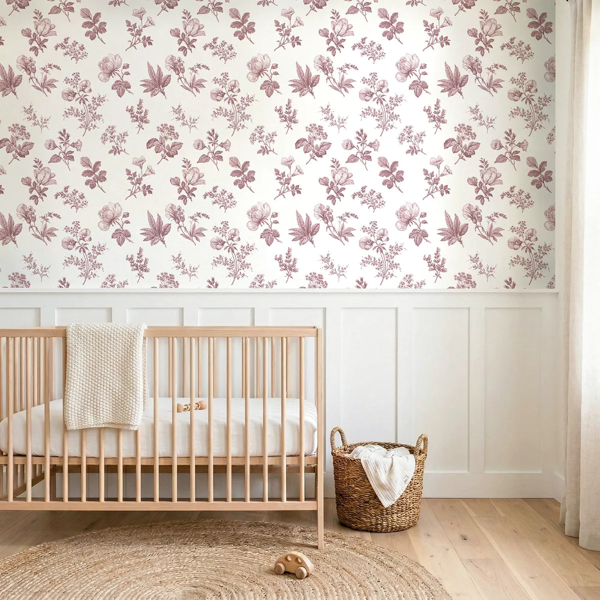 Floral Sprig Toile Rows in Pink wallpaper above wainscoting - Whimsy Tots