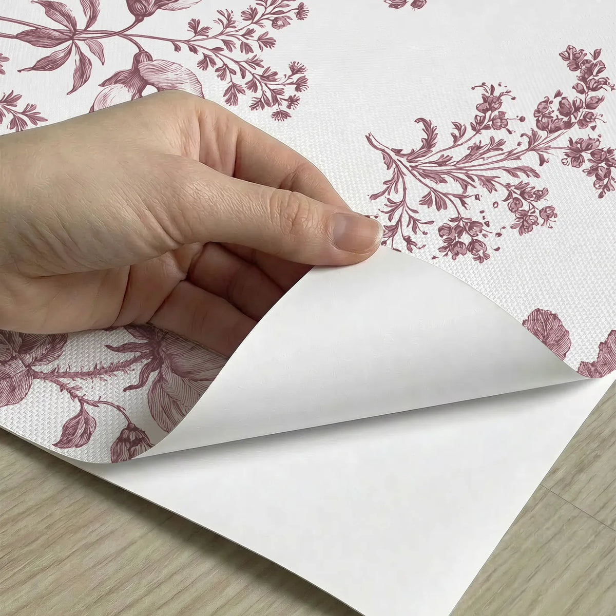 Floral Sprig Toile Rows in Pink peel and stick material close-up - Whimsy Tots