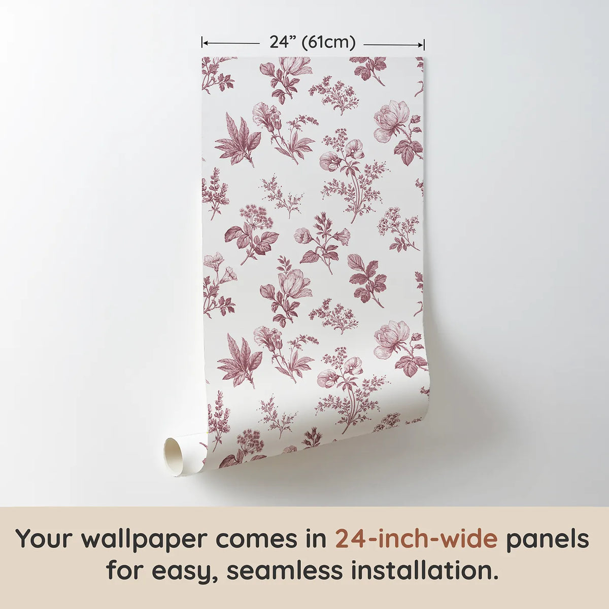 Floral Sprig Toile Rows in Pink wallpaper panel dimensions - Whimsy Tots