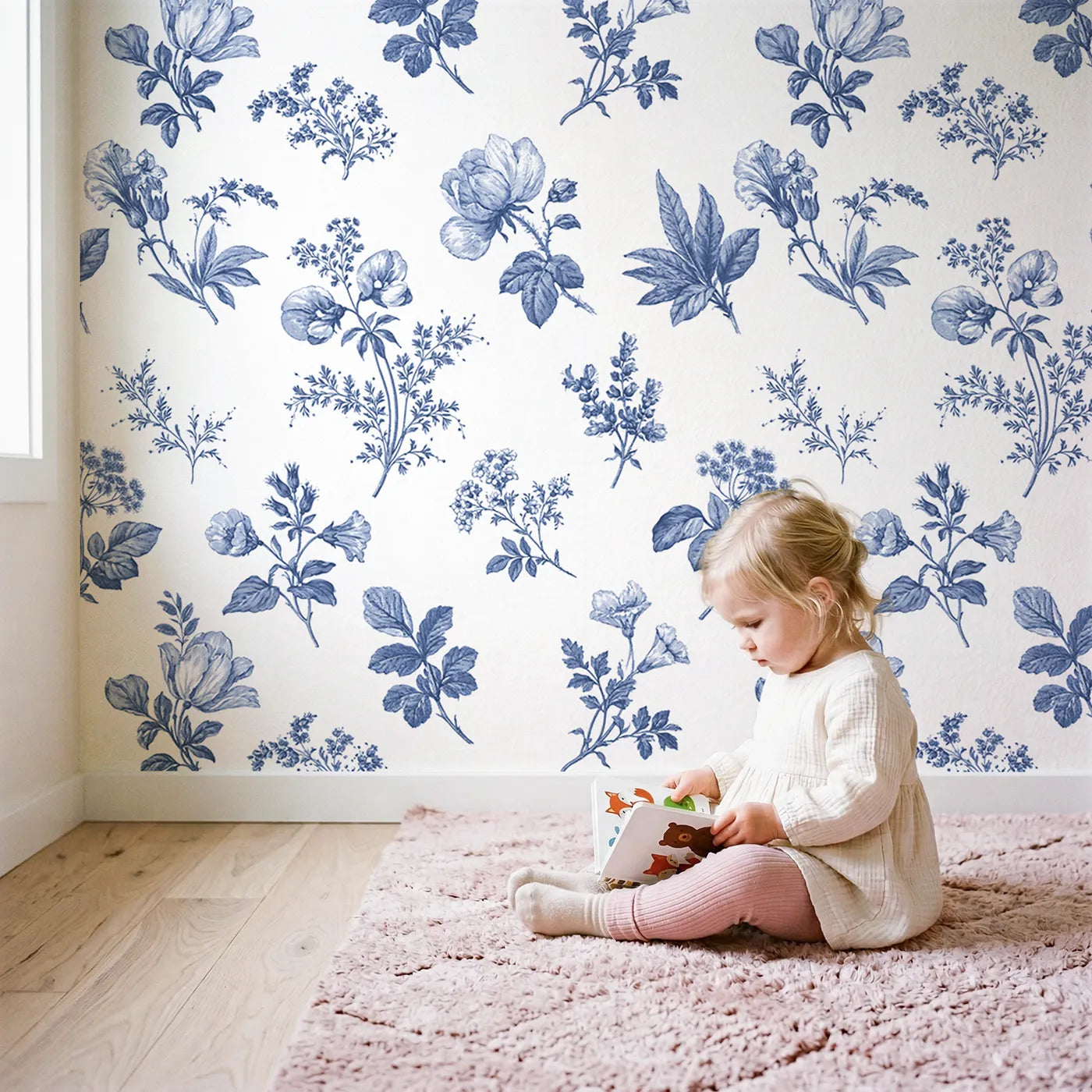 Floral Sprig Toile Rows wallpaper in a cozy kids room - Whimsy Tots