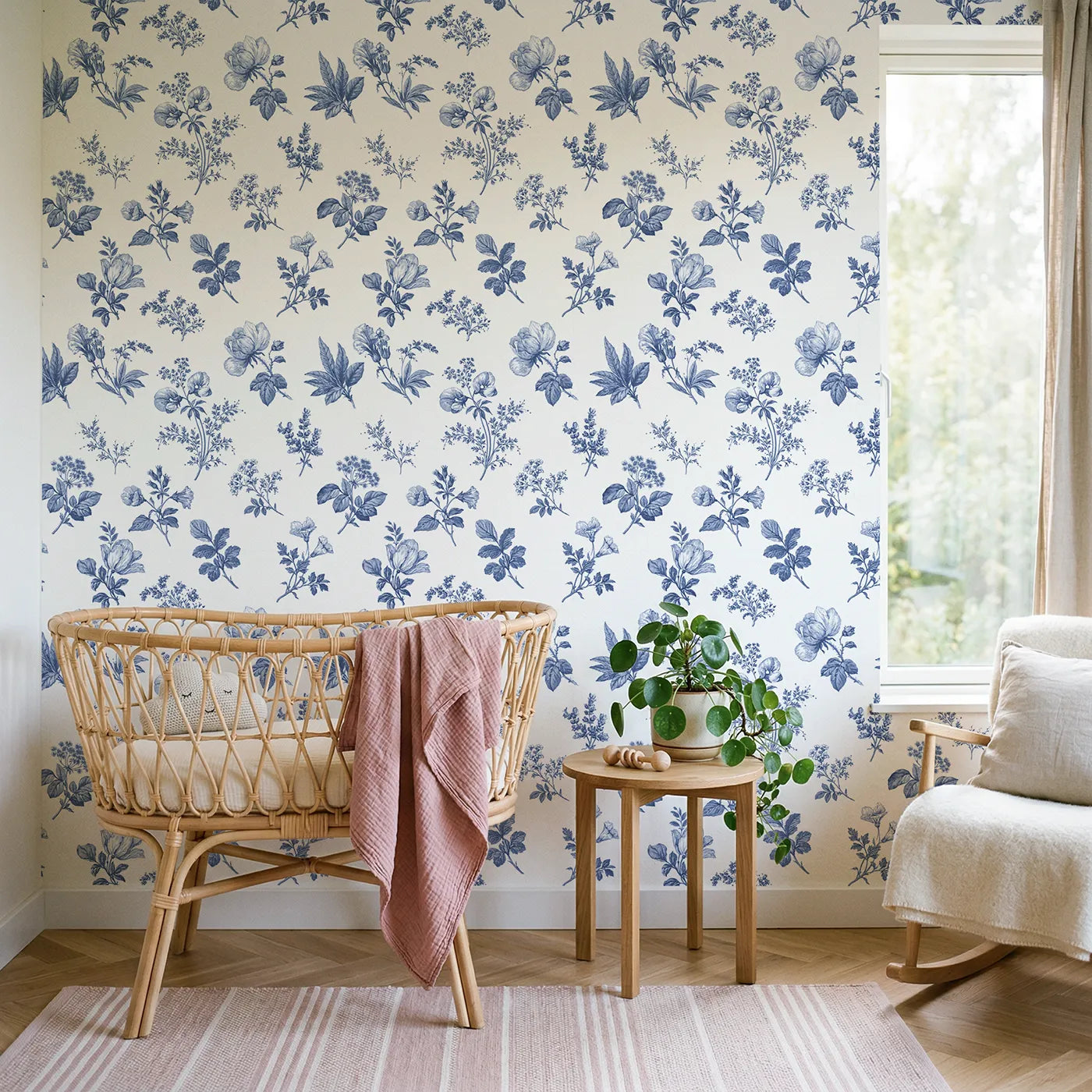 Floral Sprig Toile Rows wallpaper in a styled nursery - Whimsy Tots