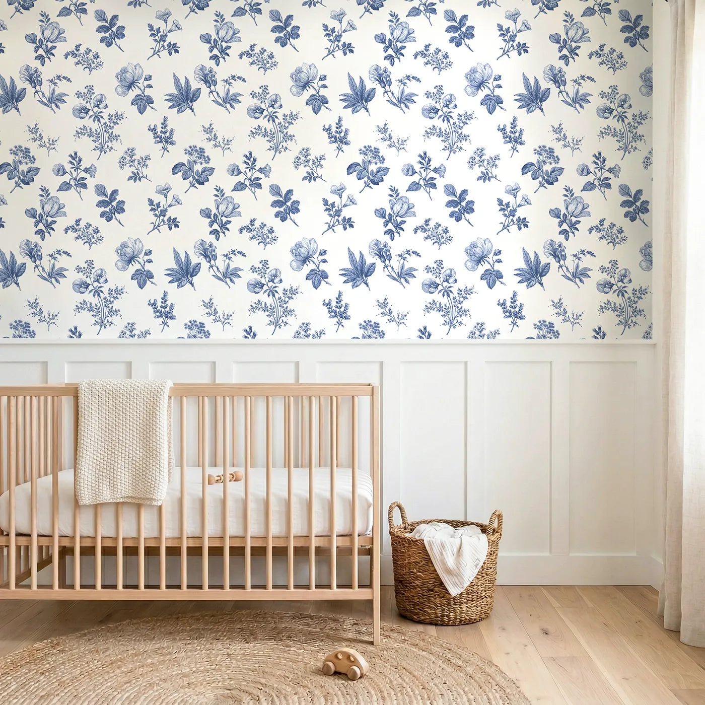 Floral Sprig Toile Rows wallpaper above wainscoting - Whimsy Tots