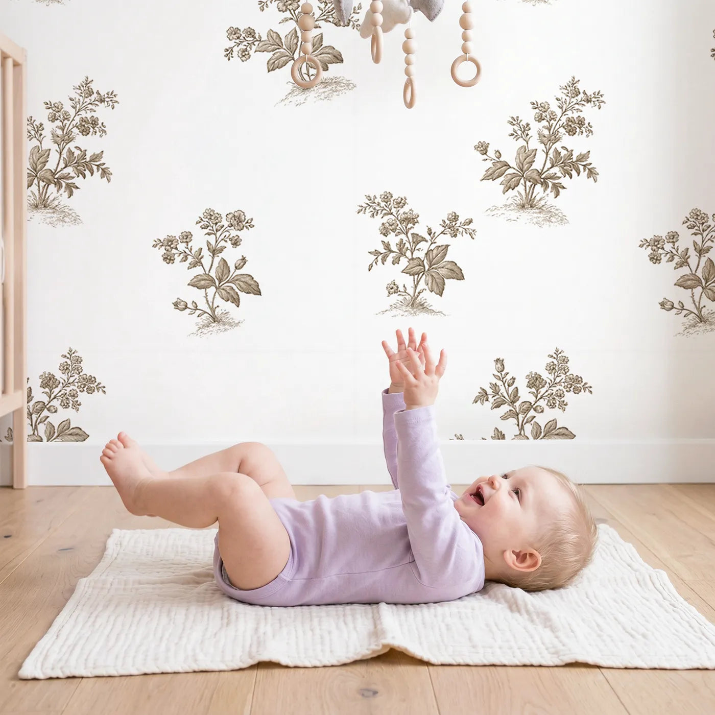 Floral Sprig Toile Scene in Brown wallpaper in a cozy kids room - Whimsy Tots