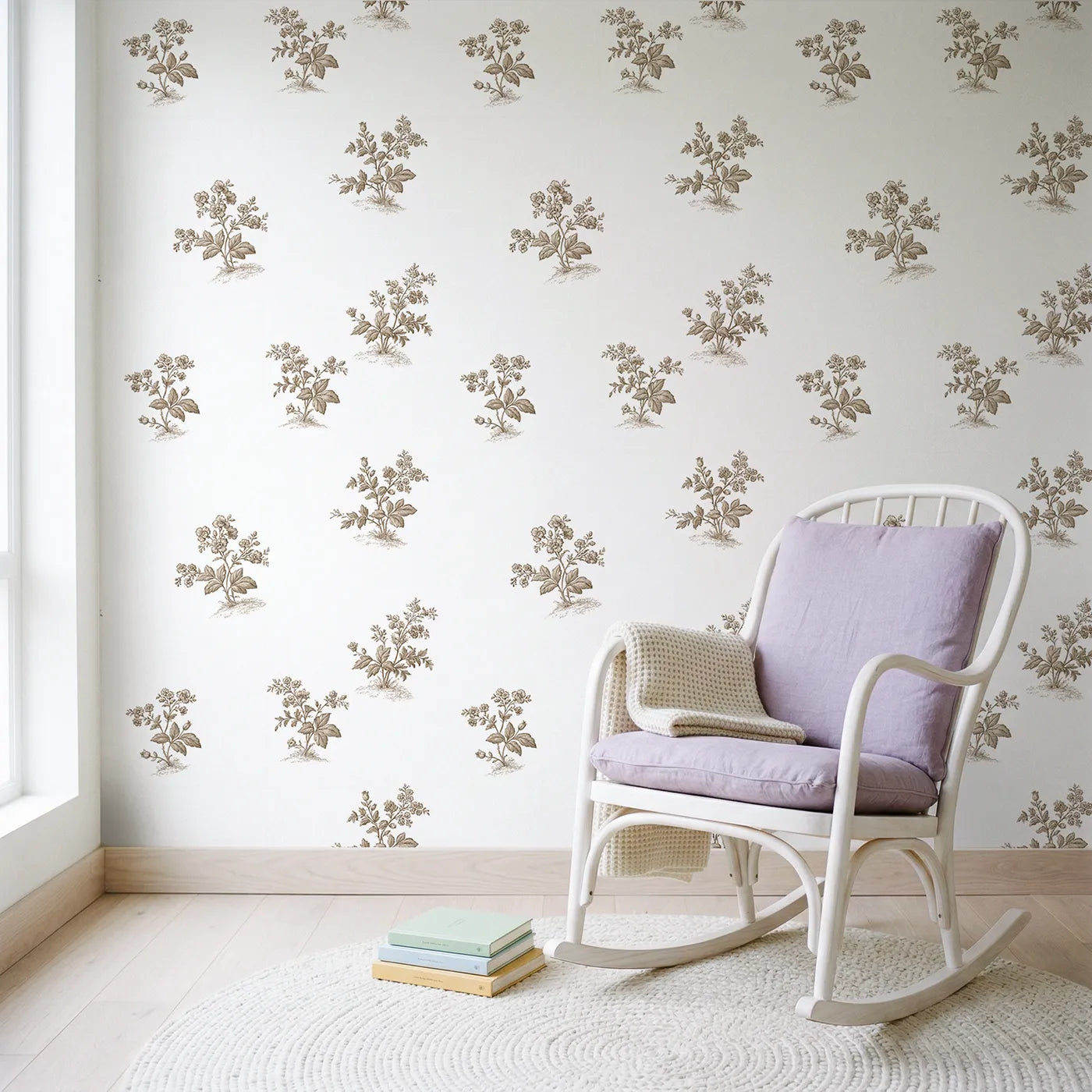 Floral Sprig Toile Scene in Brown wallpaper in a styled nursery - Whimsy Tots