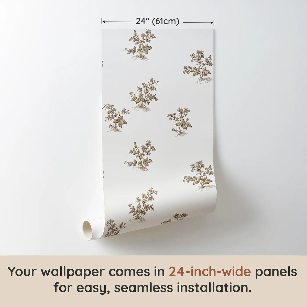 Floral Sprig Toile Scene in Brown wallpaper panel dimensions - Whimsy Tots