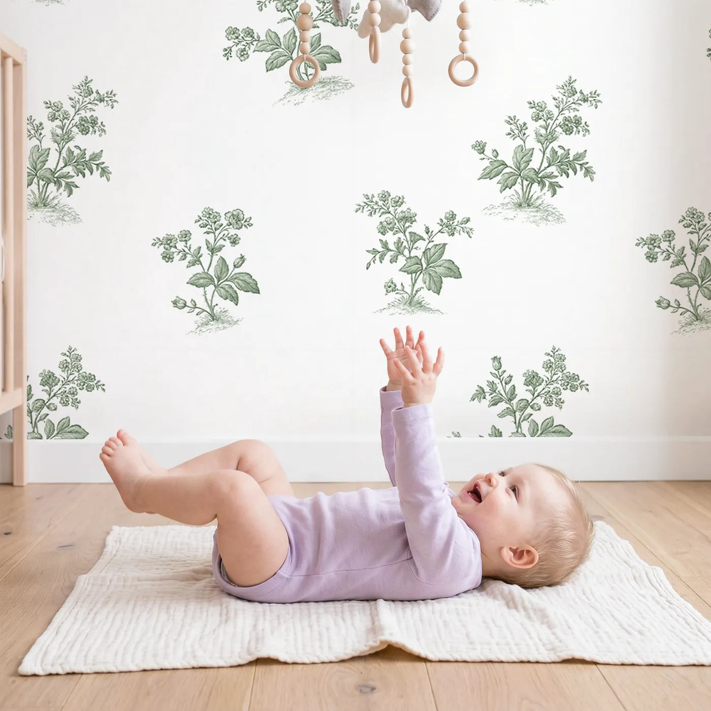 Floral Sprig Toile Scene in Green wallpaper in a cozy kids room - Whimsy Tots