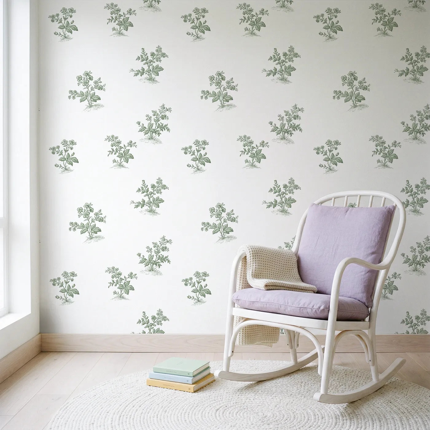Floral Sprig Toile Scene in Green wallpaper in a styled nursery - Whimsy Tots