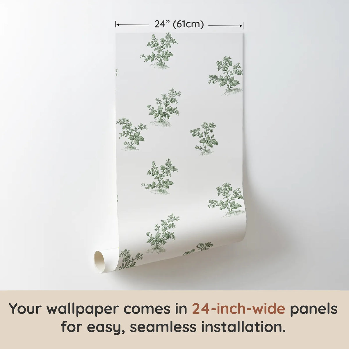 Floral Sprig Toile Scene in Green wallpaper panel dimensions - Whimsy Tots
