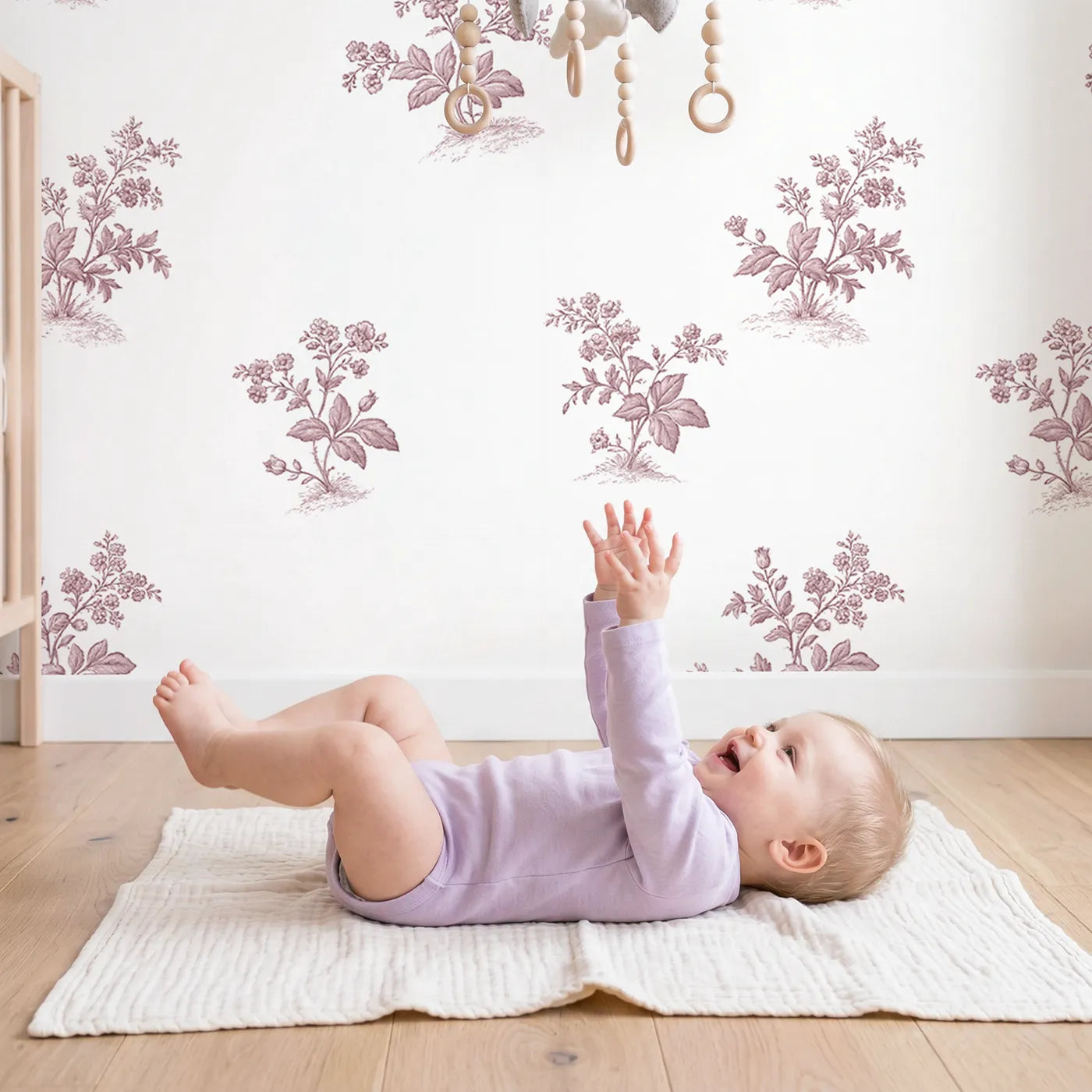 Floral Sprig Toile Scene in Pink wallpaper in a cozy kids room - Whimsy Tots