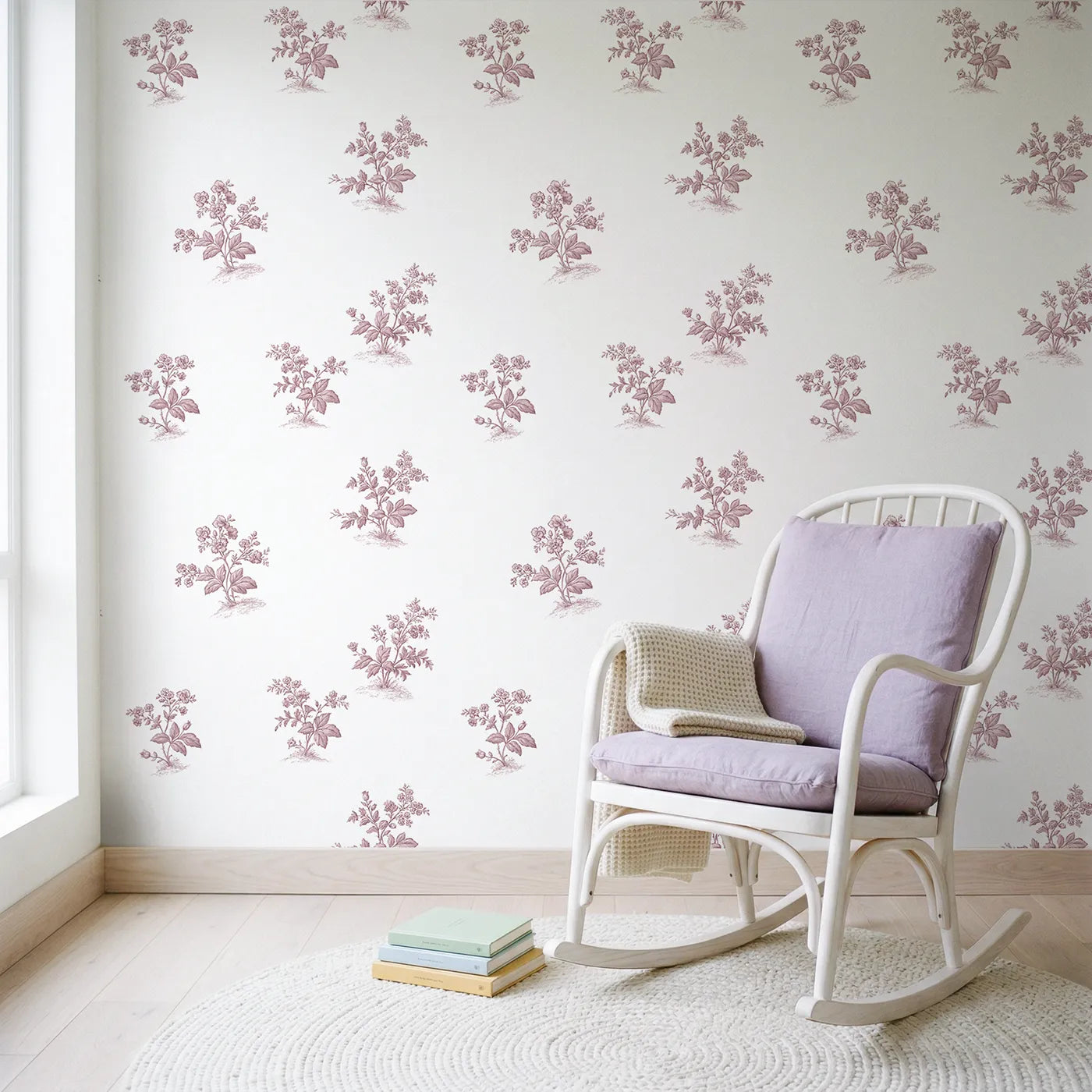 Floral Sprig Toile Scene in Pink wallpaper in a styled nursery - Whimsy Tots