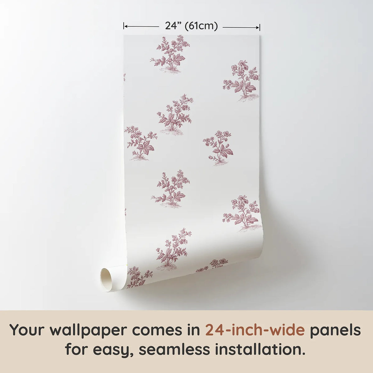 Floral Sprig Toile Scene in Pink wallpaper panel dimensions - Whimsy Tots