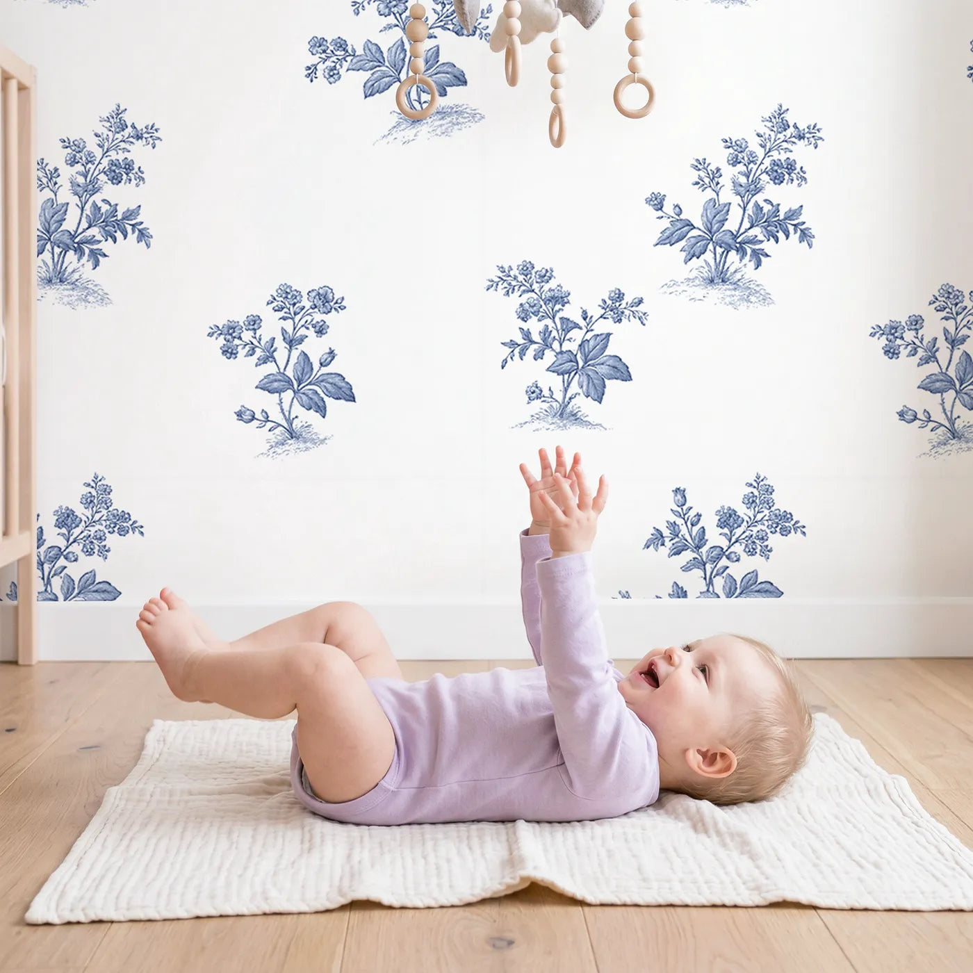 Floral Sprig Toile Scene wallpaper in a cozy kids room - Whimsy Tots