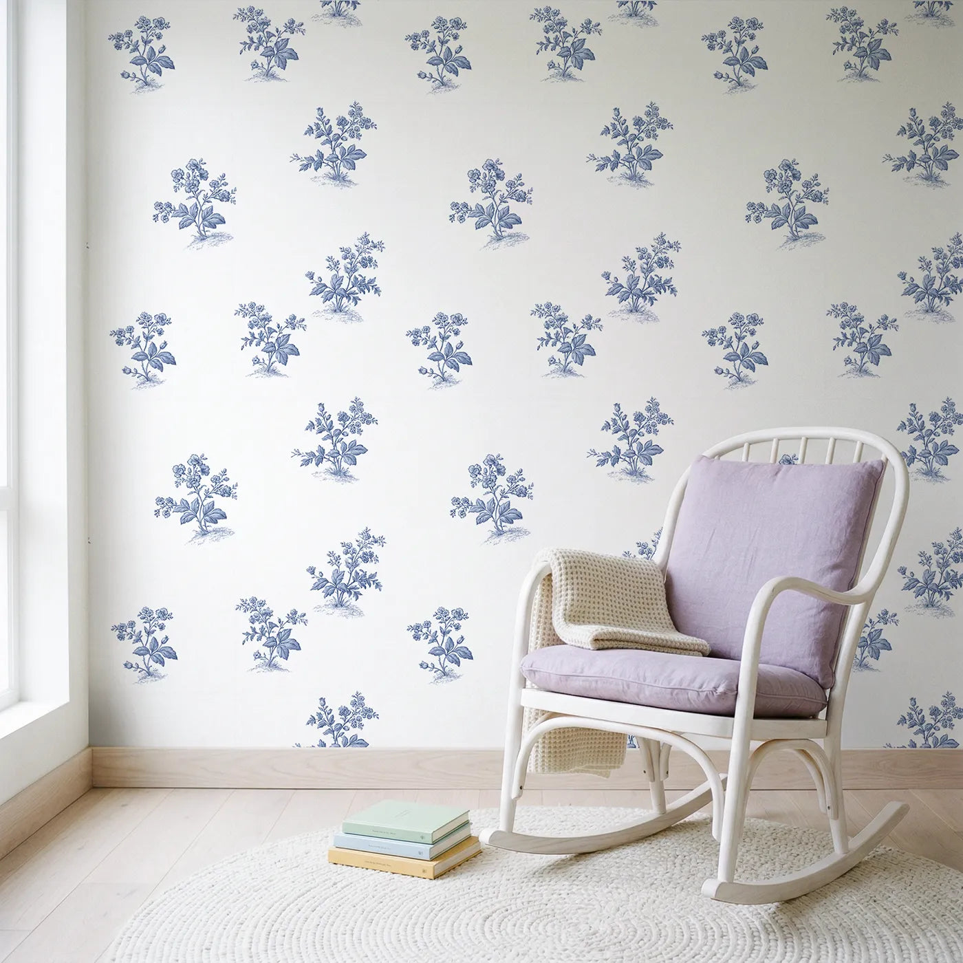 Floral Sprig Toile Scene wallpaper in a styled nursery - Whimsy Tots
