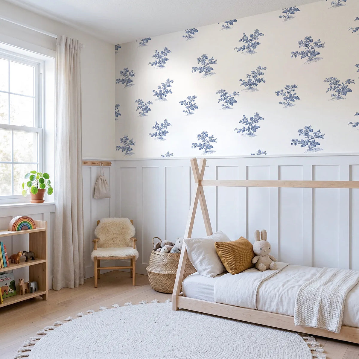 Floral Sprig Toile Scene wallpaper above wainscoting - Whimsy Tots