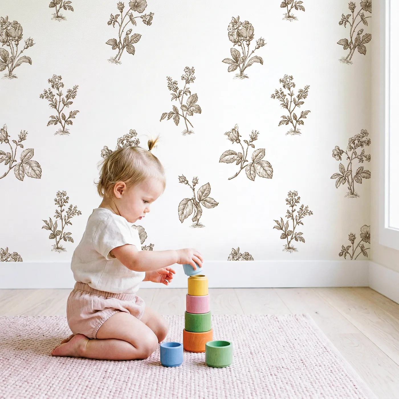 Floral Sprig Toile Garden in Brown wallpaper in a cozy kids room - Whimsy Tots