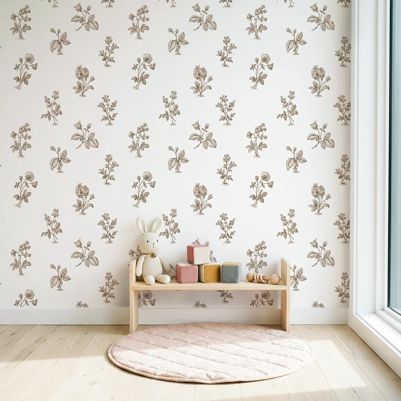 Floral Sprig Toile Garden in Brown wallpaper in a styled nursery - Whimsy Tots